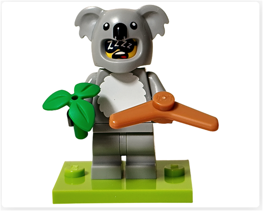 レゴ コレクタブル 71051「ミニフィギュア シリーズ28」コアラのコスチューム 完成形 台座付き 正面