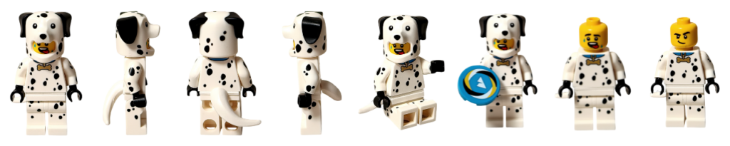 レゴ コレクタブル 71051「ミニフィギュア シリーズ28」ダルメシアンのコスチューム ミニフィギュア 正面・側面・背面・座りポーズ・付属パーツ・被り物なし表情を並べたサムネイル画像