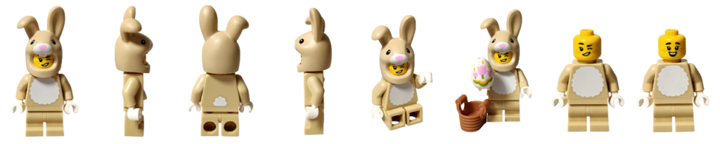 レゴ コレクタブル 71051「ミニフィギュア シリーズ28」かわいいウサギのコスチューム ミニフィギュア 正面・側面・背面・座りポーズ・イースターエッグとカゴ付属・被り物なし表情を並べたサムネイル画像