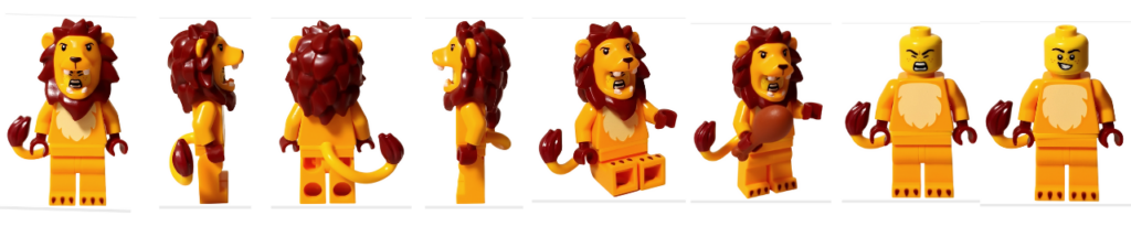 レゴ コレクタブル 71051「ミニフィギュア シリーズ28」ライオンのコスチューム ミニフィギュア 正面・側面・背面・座りポーズ・骨付き肉アクセサリー・被り物なし表情を並べたサムネイル画像