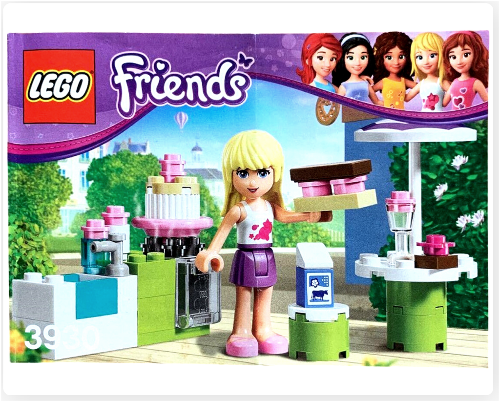 レゴ フレンズ 3930「アウトドアベーカリー」組立説明書の表紙。完成した屋外ベーカリーとステファニーのミニドールが写っている