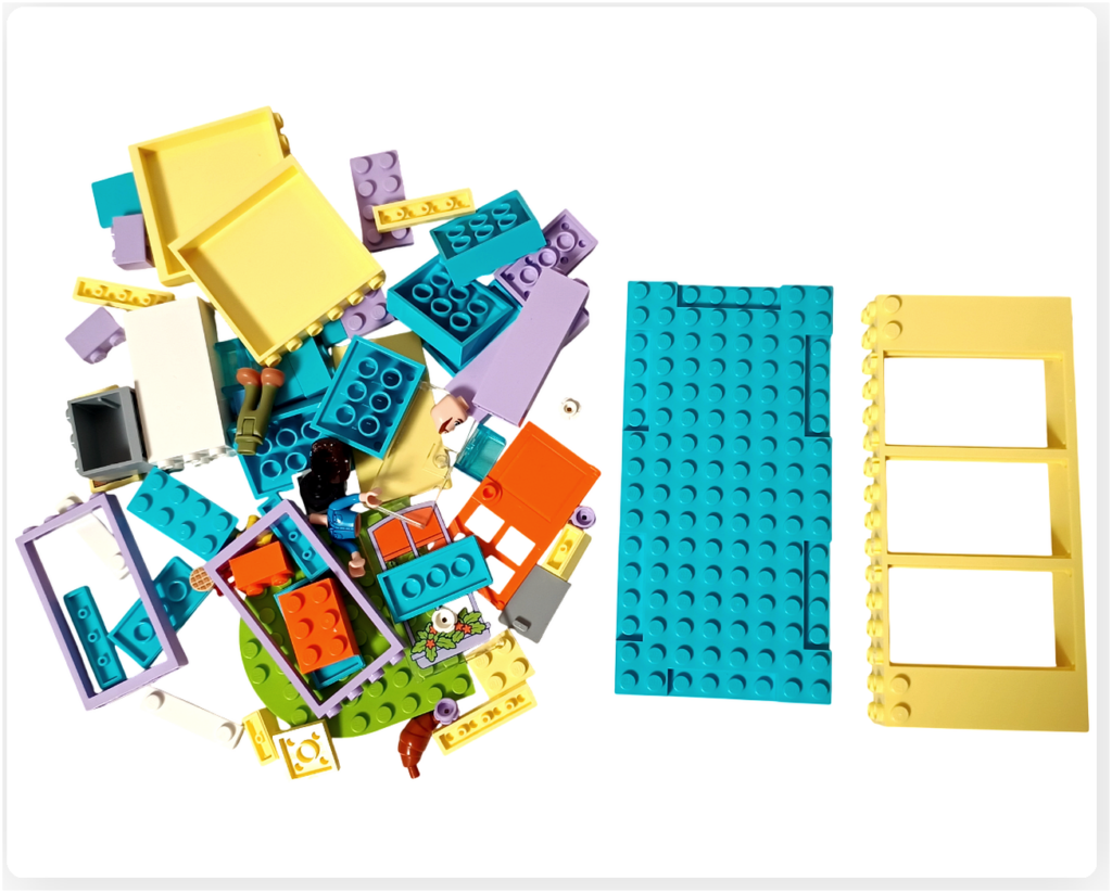 レゴ フレンズ 41724「ペイズリーのおうち」袋1のパーツ一覧 床プレートと壁用パーツを中心に並べた状態