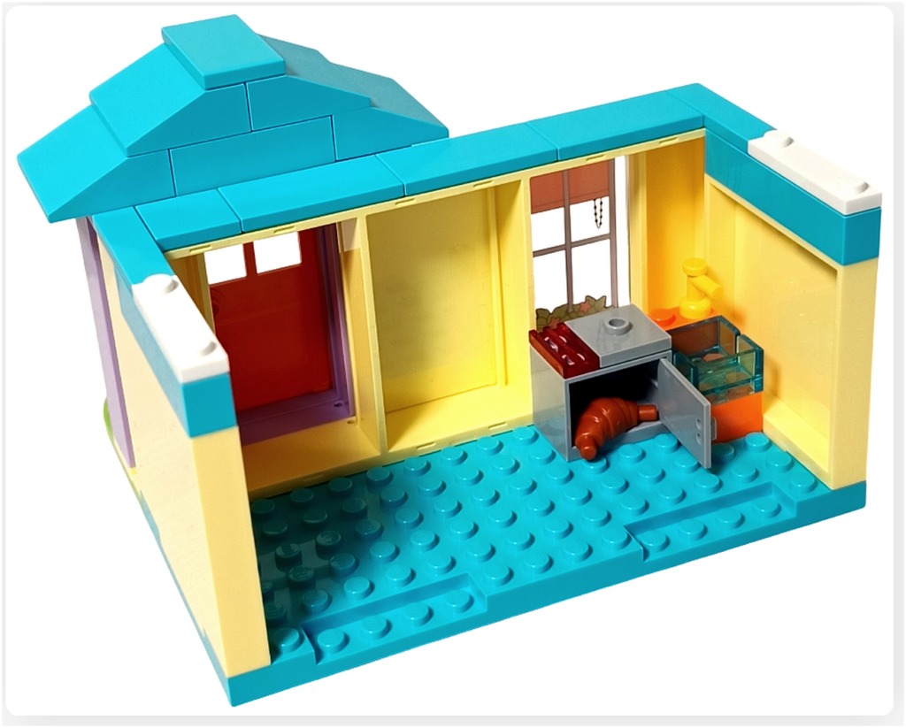 レゴ フレンズ 41724「ペイズリーのおうち」一階キッチンのオーブン。開閉できる扉の中にパンの小物が収められている。