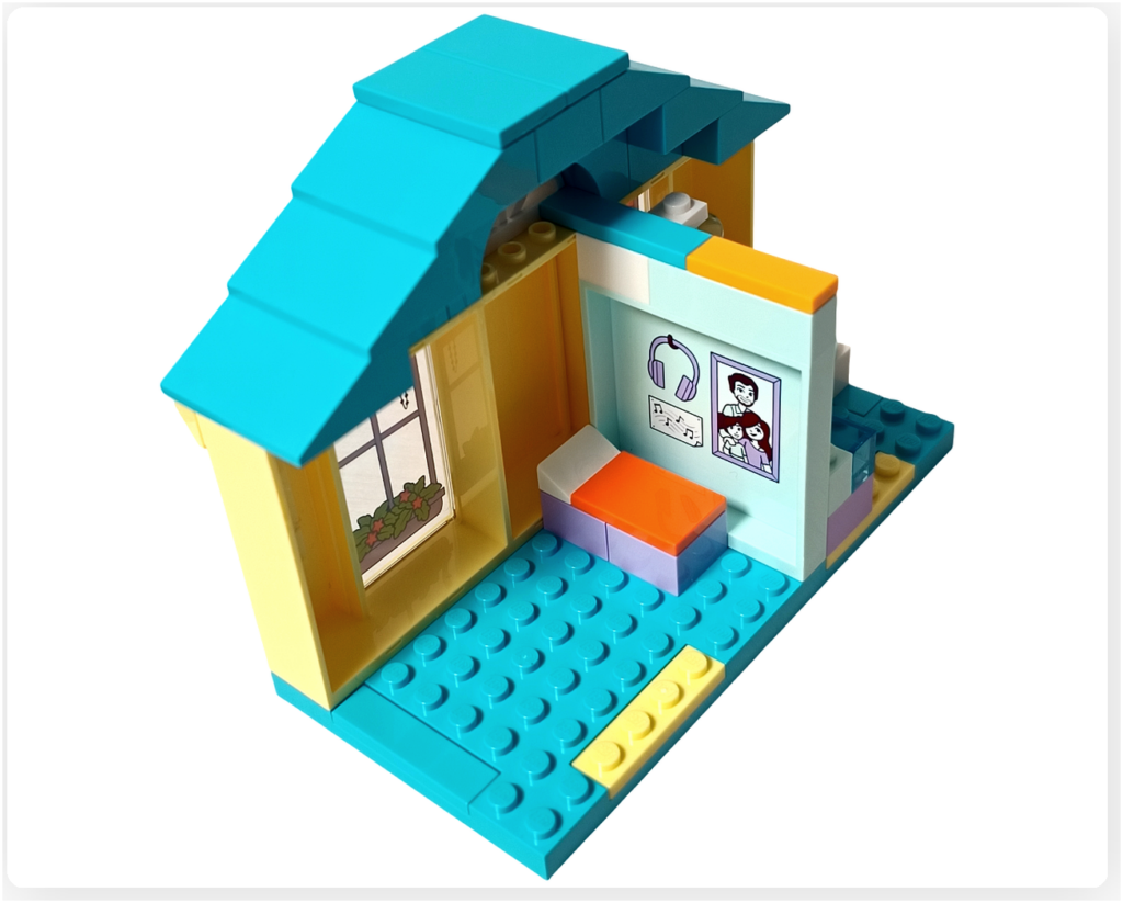 レゴ フレンズ 41724「ペイズリーのおうち」浴の2階に配置された小さめサイズのベッドと壁面装飾