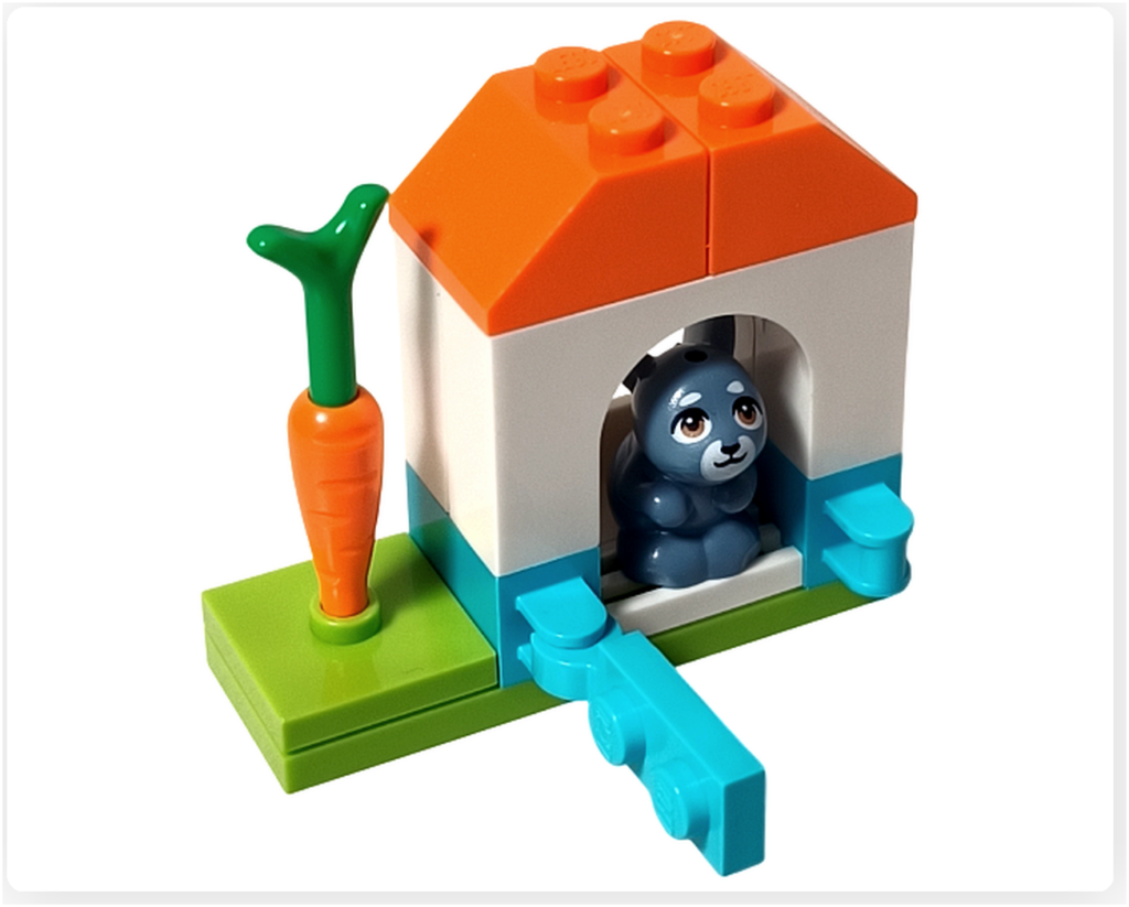 レゴ フレンズ 41724「ペイズリーのおうち」メロディの小屋 完成形。小屋の中に座るメロディと、にんじんパーツが配置された全体構成