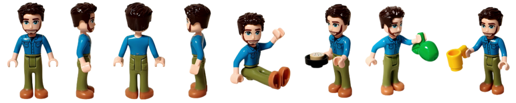 レゴ フレンズ 41724「ペイズリーのおうち」 ジョナサンのミニドール 正面・側面・背面と座り、調理、小物持ちポーズを並べたサムネイル