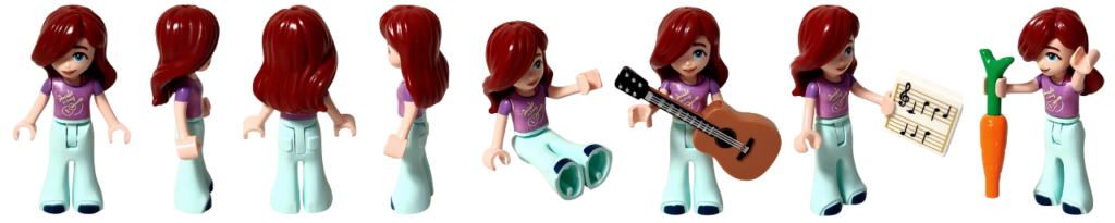 レゴ フレンズ 41724「ペイズリーのおうち」 ペイズリーのミニドール 正面・側面・背面と座り、ギター、譜面、ニンジン持ちポーズを並べたサムネイル