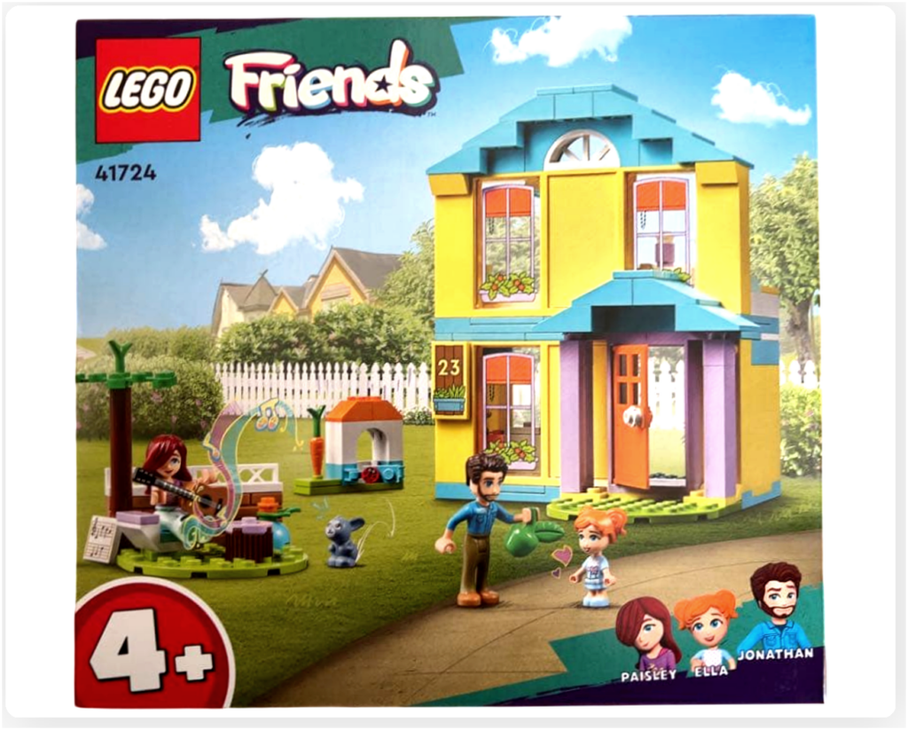 レゴ フレンズ 41724「ペイズリーのおうち」パッケージ正面。黄色と水色の家、ペイズリー、エラ、ジョナサンのミニドールと庭の情景が描かれている。