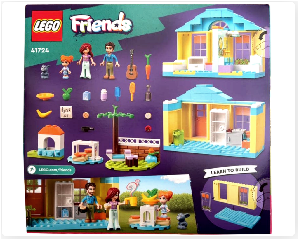 レゴ フレンズ 41724「ペイズリーのおうち」パッケージ背面。家の内外の遊び方、ミニドール3体、小物やギター、うさぎ小屋などのセット内容が一覧で紹介されている。