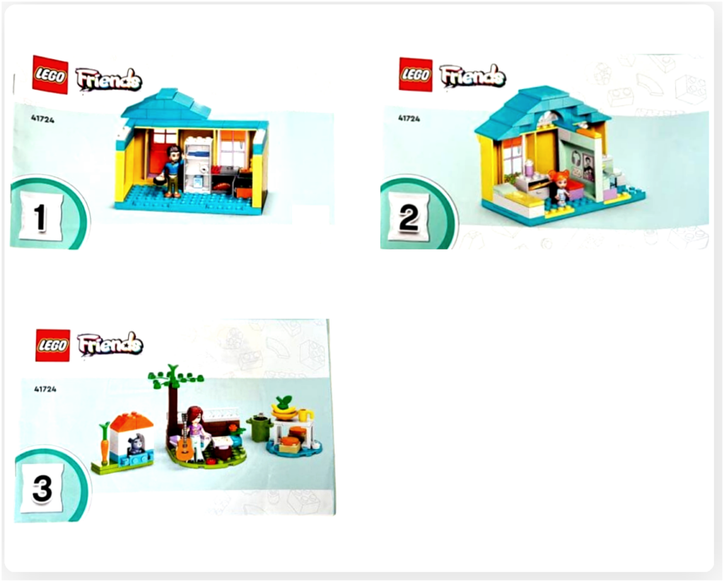 レゴ フレンズ 41724「ペイズリーのおうち」組立説明書3冊。袋1・袋2・袋3に対応した建物内部、室内小物、屋外スペースの組立手順が描かれている。