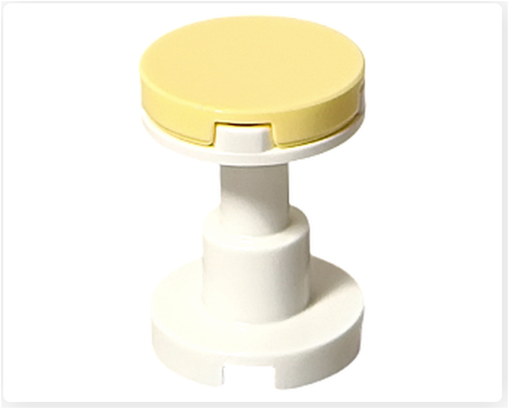 レゴ フレンズ 41733「タピオカティスタンド」に付属する小さな丸型テーブル。白い支柱に淡い黄色の天板を組み合わせたデザインで、屋台のそばに配置できる。