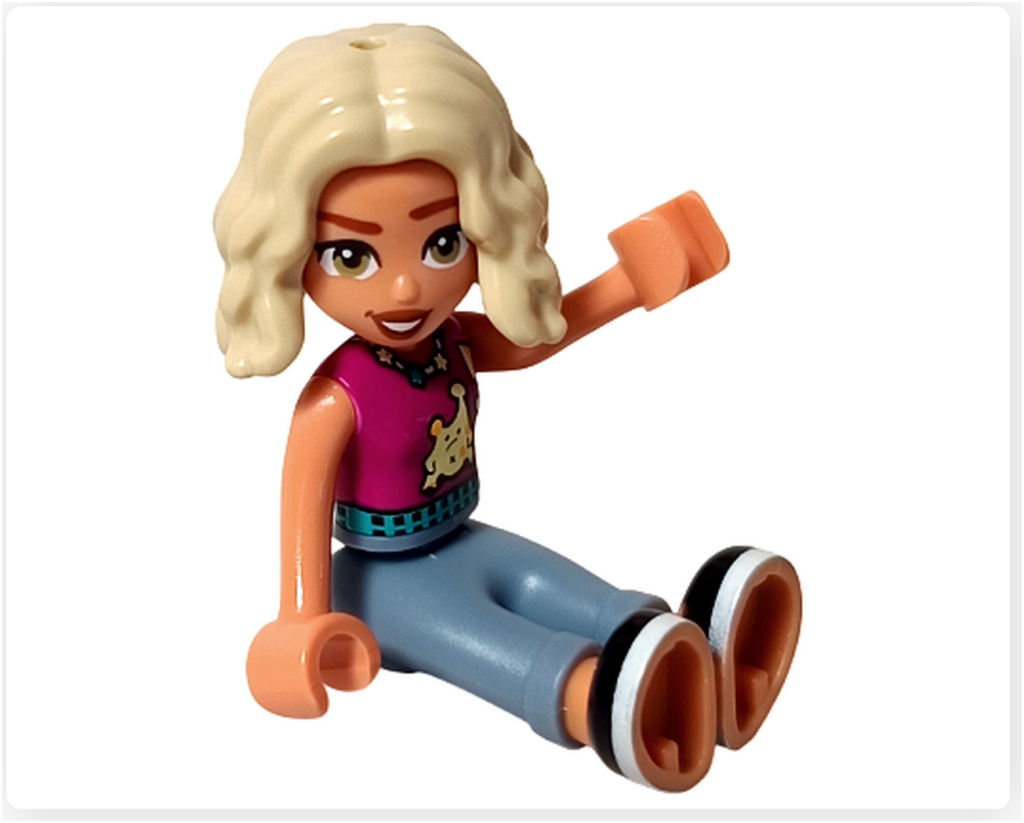 レゴ フレンズ 41733「タピオカティ スタンド」ノヴァ 床に座り右腕を上げたポーズ