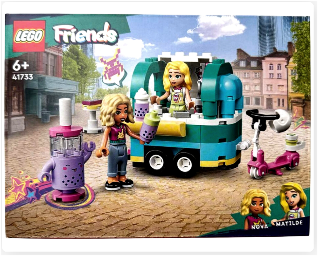 レゴ フレンズ 41733「タピオカティスタンド」のパッケージ正面。移動式の屋台と、店側に立つマチルダ、ドリンクを手にするノヴァが描かれている。