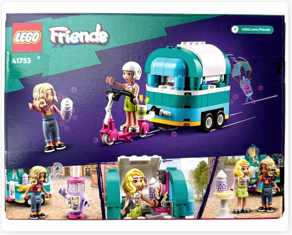 レゴ フレンズ 41733「タピオカティスタンド」のパッケージ背面。屋台の開閉ギミックやスクーターで移動する様子、ミニドールの遊び方が紹介されている。