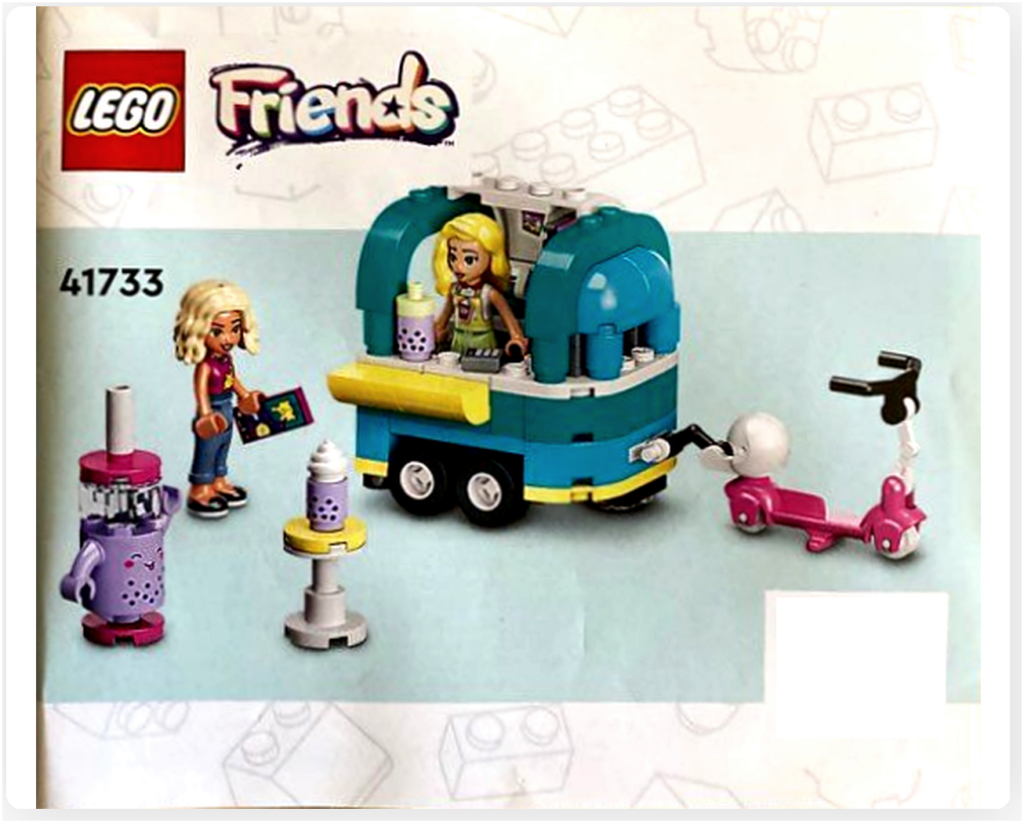 レゴ フレンズ 41733「タピオカティスタンド」の組立説明書表紙。屋台本体、ミニドール2体、スクーターや付属アイテムが一覧で描かれている。