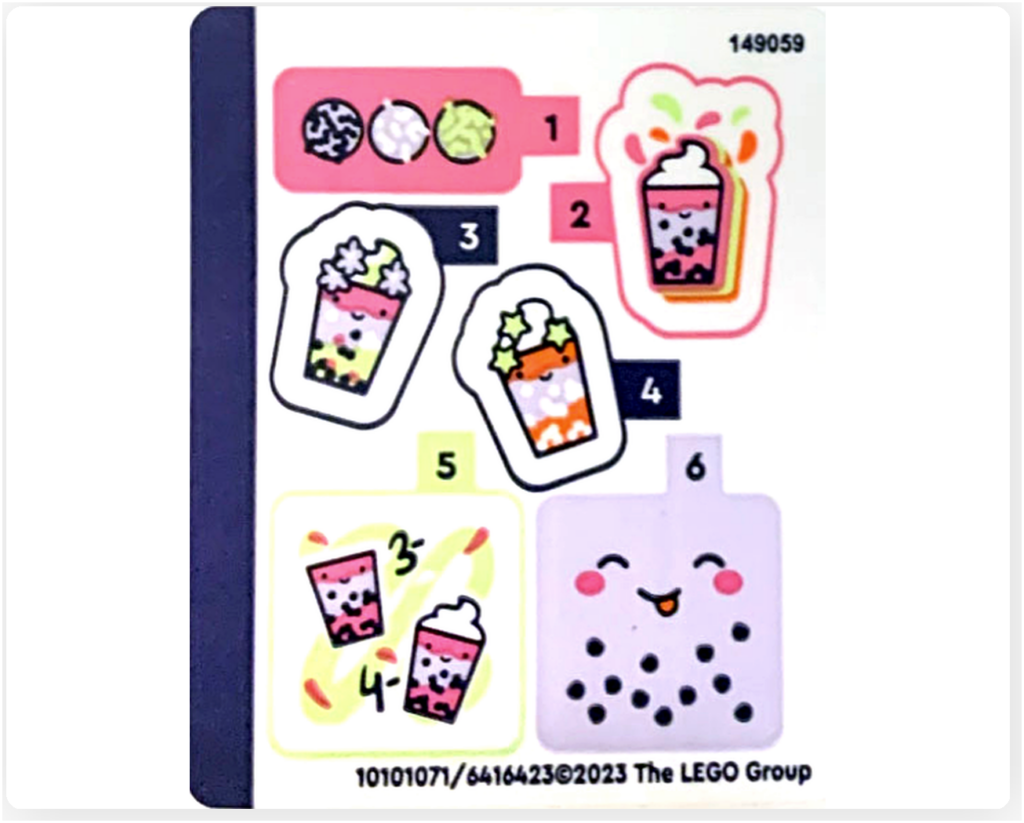 レゴ フレンズ 41733「タピオカティスタンド」に付属するステッカー。タピオカドリンクの種類や笑顔のデザインが描かれたシール一式
