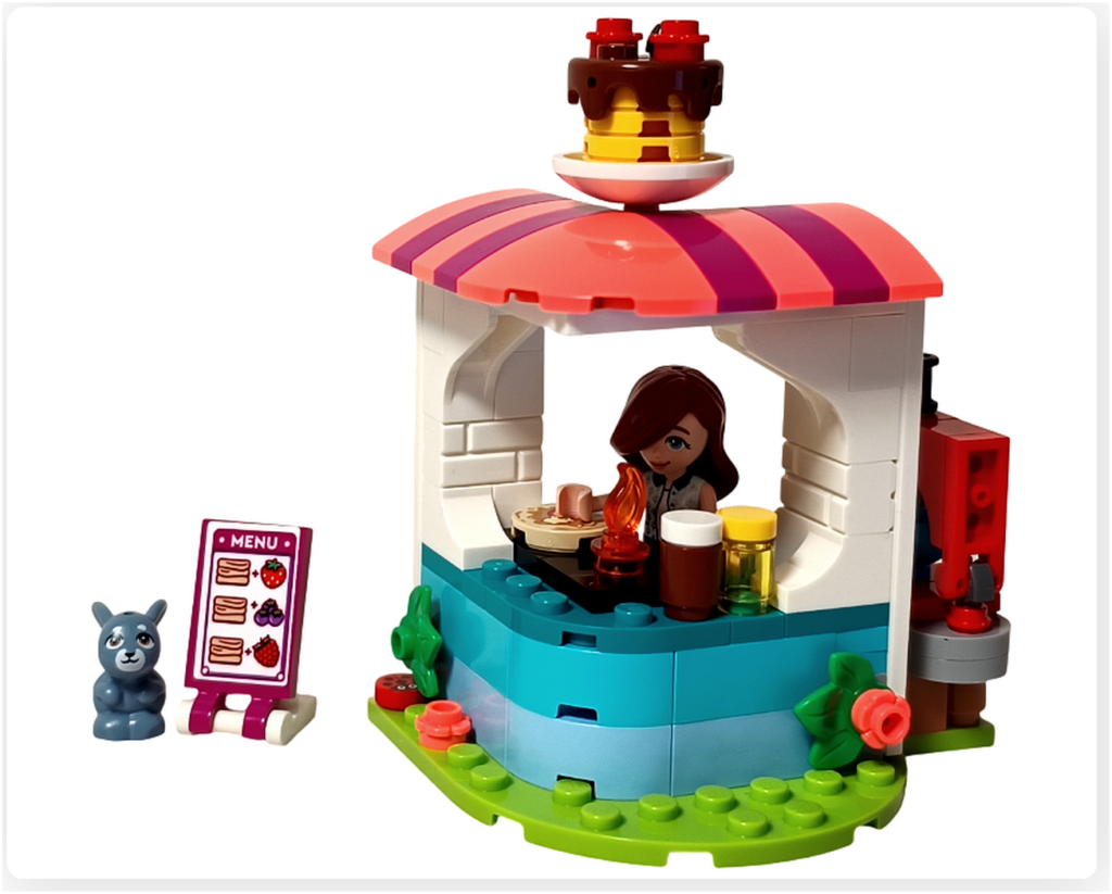 レゴ フレンズ 41753「パンケーキ屋」 完成シーン ペイズリーがパンケーキを焼き、メロディがそばで迎える様子