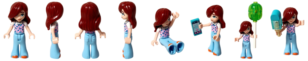 レゴ フレンズ 42692「アイスと風船のお店」ペイズリーのミニドール。正面・側面・背面の立ち姿と、座りポーズ、スマートフォン、風船、アイスキャンディを持った姿を並べた人物図鑑用サムネイル画像。