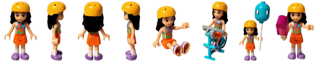 レゴ フレンズ 42692「アイスと風船のお店」リアンのミニドール。正面・側面・背面の立ち姿に加え、座りポーズ、自転車に乗る姿、風船やアイスキャンディを持つ様子を並べた人物図鑑用サムネイル画像。