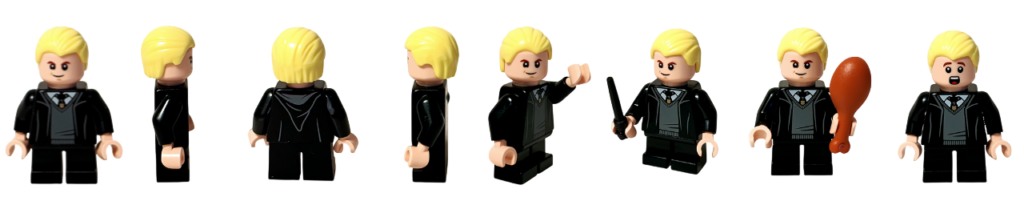 レゴ ハリー・ポッター 76460「ホグワーツ城 組分け帽子の儀式」ドラコ・マルフォイ ミニフィギュア 正面・側面・背面・ポーズ違い・杖持ち・骨付き肉持ち・表情違い