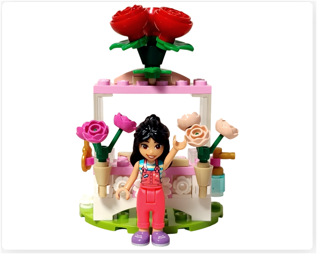 レゴ フレンズ 30721 「バラのお花屋さん」リアンがお客さんを笑顔で迎えている回想シーンのイメージ写真