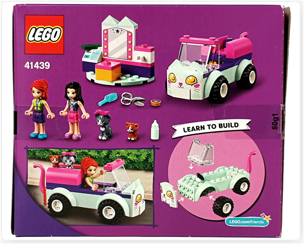 レゴ フレンズ 41439「ねこのペットサロンカー」 総合案内 背面に掲載された付属品と完成モデルの紹介