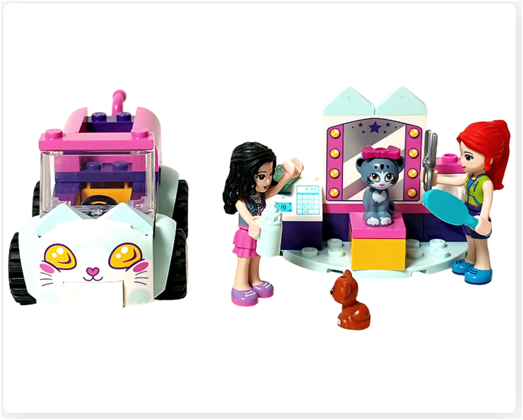 レゴ フレンズ 41439「ねこのペットサロンカー」 総合案内 ミアがケアを行いエマと親子ネコが集まる休憩中の場面