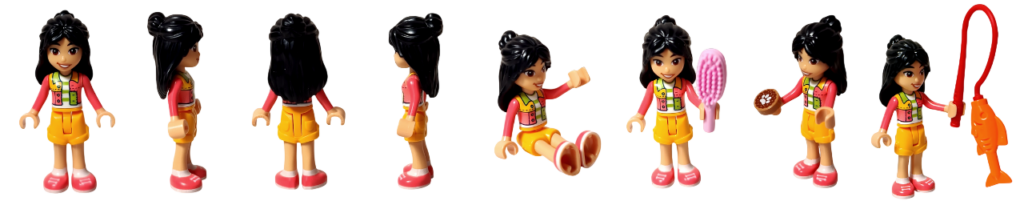 レゴ フレンズ 42612「ネコちゃんランド」 ミニドール紹介 リアンの正面・側面・背面と座りポーズやブラシと魚のおもちゃを持った姿の一覧サムネイル画像