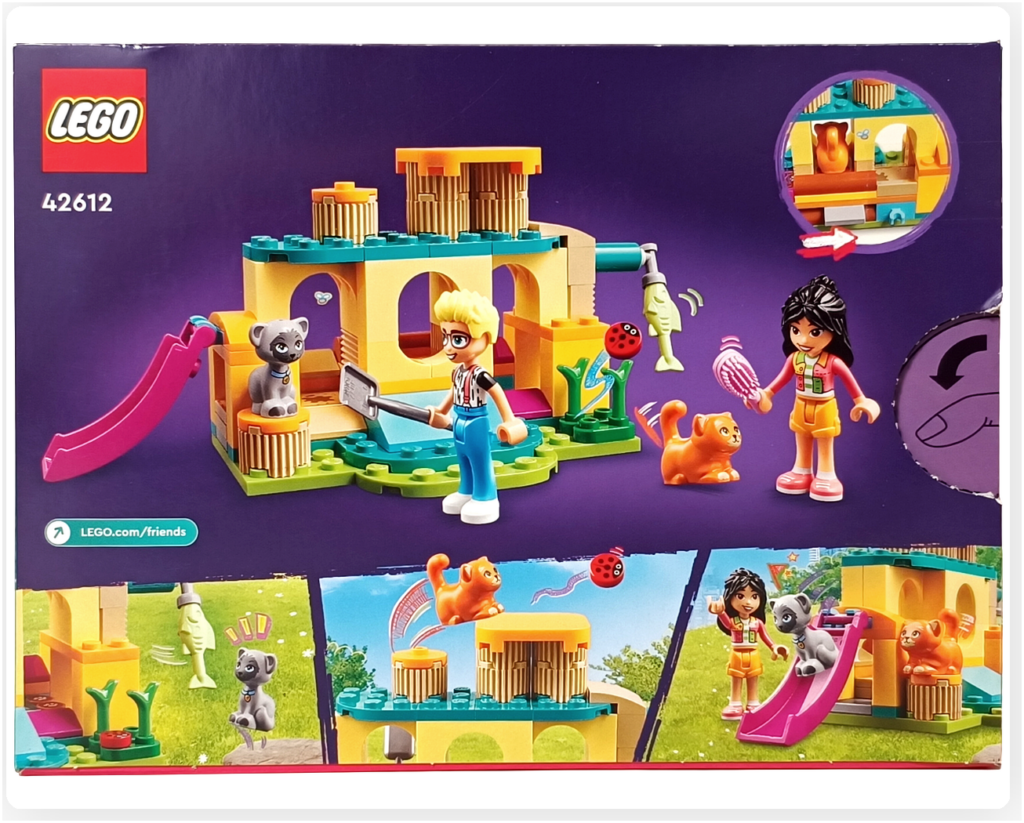 レゴ フレンズ 42612「ネコちゃんランド」 総合案内 遊具で遊ぶ猫と世話をするリアンとオリーの様子