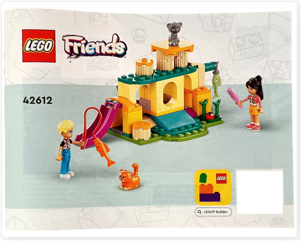 レゴ フレンズ 42612「ネコちゃんランド」 総合案内 組立説明書の表紙に並ぶ登場人物と猫と完成モデルの様子