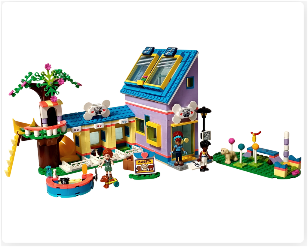 レゴ フレンズ 41727 ワンちゃんレスキューセンター 全体完成シーン 建物と遊び場とミニドールと犬たち