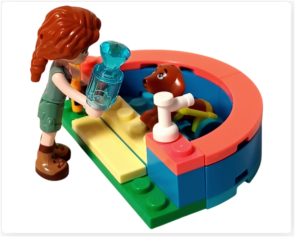 レゴ フレンズ 41727 ワンちゃんレスキューセンター オータムがピクルスを洗い場でケアするシーン 水場設備とケア道具