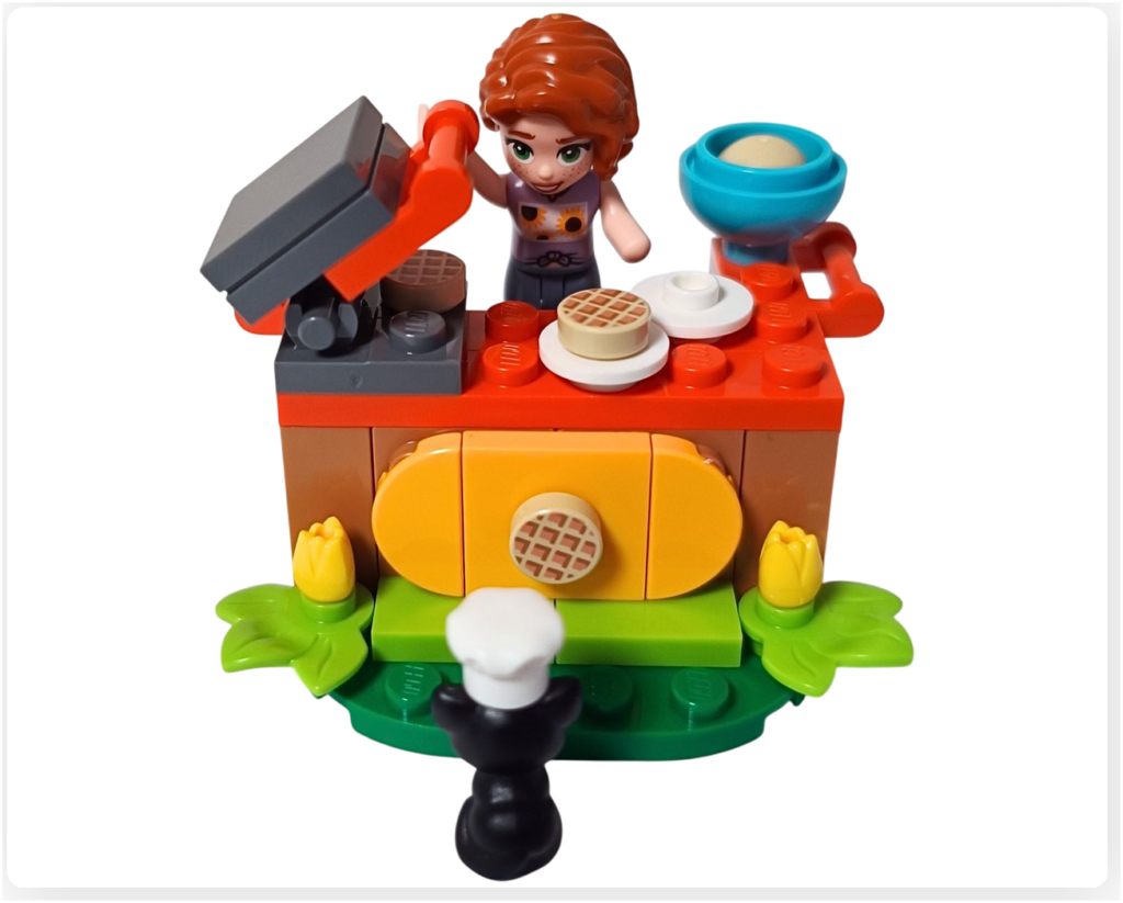 レゴ 30696 オータムのワッフル屋さん 完成シーン 焼き器を開けたワッフルと見上げるプルート