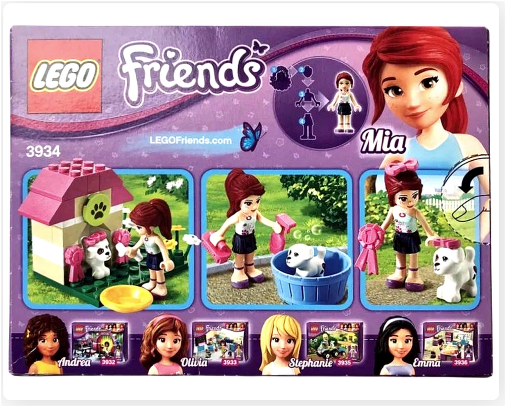 レゴ 3934 パピーハウス ミアの子犬のお手入れ 背面パッケージ画像 お手入れ遊びやアクセサリーの使い方を紹介するイメージ