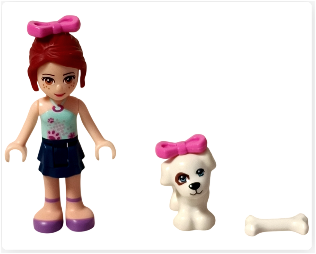 レゴ 3934 パピーハウス パピーハウスのミアとチャーリー。ミニドールのミアと愛犬チャーリー、骨のおやつを並べた記念写真
