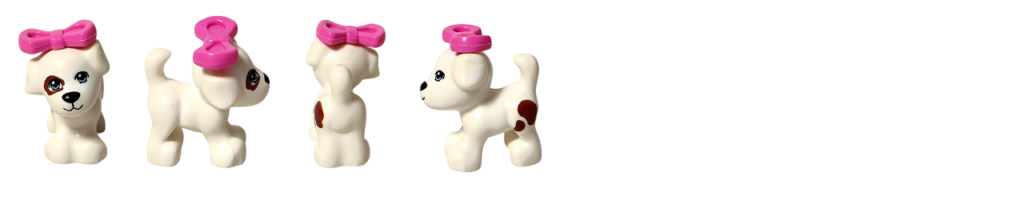 レゴ フレンズ 3934 パピーハウス ミアの子犬のおうちに登場するチャーリーの紹介画像。ピンクのリボンを付けた白い子犬を正面・側面・背面から撮影し、青い瞳や茶色の模様、おしゃれな姿を確認できる一覧写真。