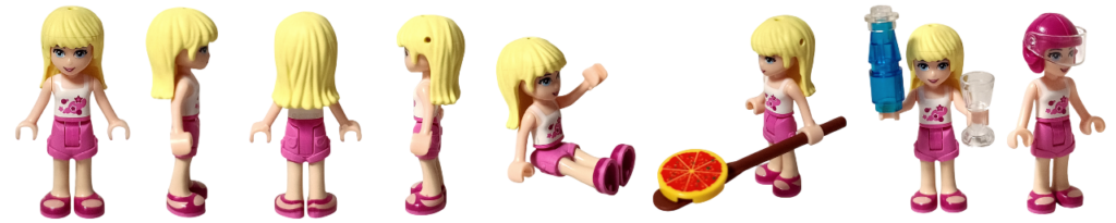 レゴ フレンズ 41092 ピザショップ ステファニー ミニドール 正面 側面 背面 座り ピザ ドリンク ヘルメット装着 まとめ一覧