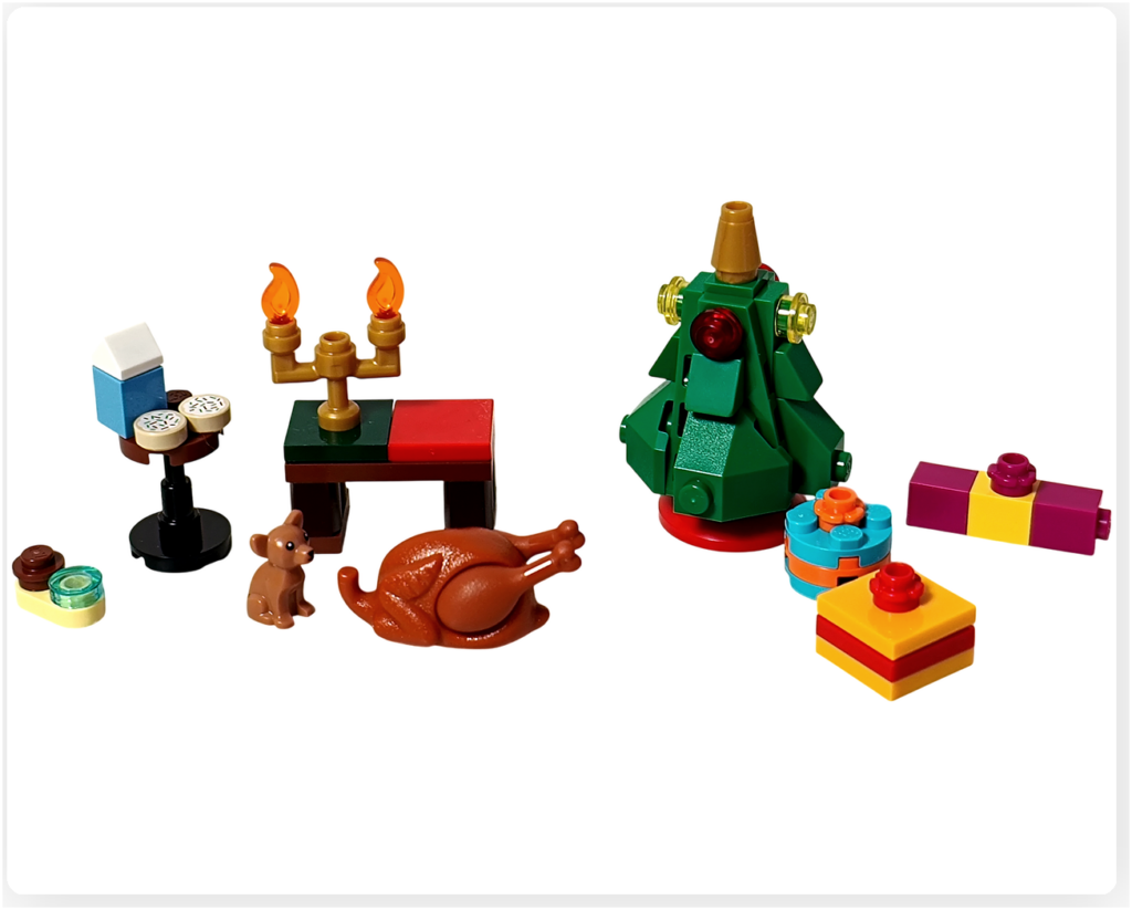 レゴ 60381 シティ アドベントカレンダー 2023 クリスマスツリーとプレゼントのシーン。クリスマスディナーや子イヌとともに、祝日の準備が進む冬の情景。