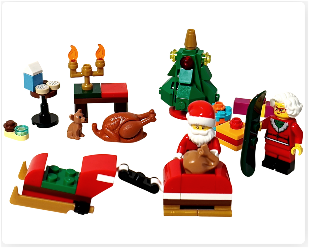 レゴ 60381 シティ アドベントカレンダー 2023 第3部で登場するサンタクロース、ミセス・クロース、そり、クリスマスツリー、七面鳥など8日分の組み立て完成写真。