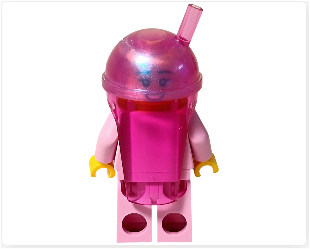 レゴ ミニフィギュアシリーズ タピオカドリンクのコスプレイヤーの背面。透明ピンクのコスチュームを後ろから見た様子