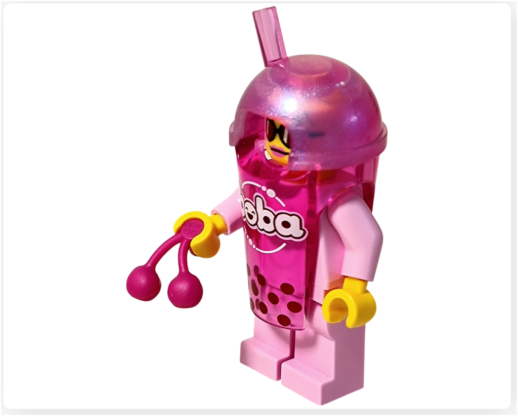 レゴ ミニフィギュアシリーズ タピオカドリンクのコスプレイヤー。チェリー型アクセサリーを持った姿