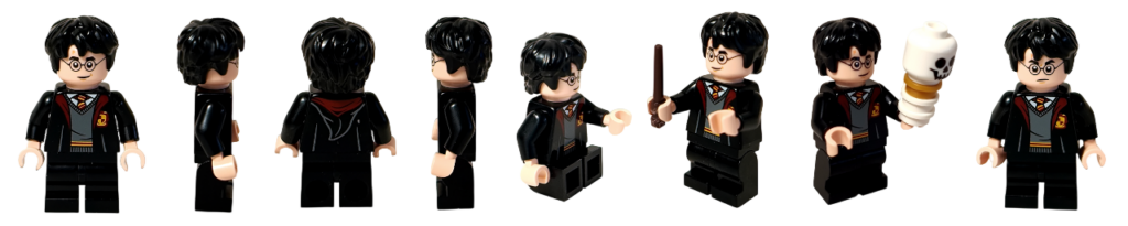 レゴ ハリー・ポッター 76463 ホグワーツ城：医務室 ハリー・ポッター ミニフィギュア紹介　正面・側面・背面・座り姿・杖・医務室の小物を持った姿をまとめた比較写真