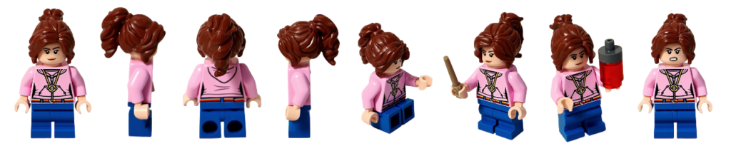 レゴ ハリー・ポッター 76463 ホグワーツ城：医務室 ハーマイオニー・グレンジャー ミニフィギュア紹介　正面・側面・背面・座り姿・杖を持った姿・薬瓶を持った姿・表情違いをまとめた比較写真