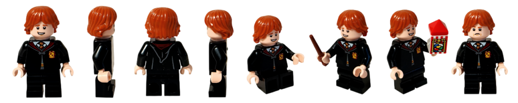 レゴ ハリー・ポッター 76463 ホグワーツ城：医務室 ロン・ウィーズリー ミニフィギュア紹介　正面・右側・背面・左側・座り姿・杖を持った姿・百味ビーンズを持った姿・表情違いの比較写真