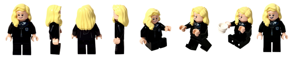 レゴ ハリー・ポッター 76463 ホグワーツ城：医務室 ペネロピー・クリアウォーター ミニフィギュア紹介　正面・右側・背面・左側・座り姿・歩く姿・ティーカップを持った姿・表情違いをまとめた比較写真