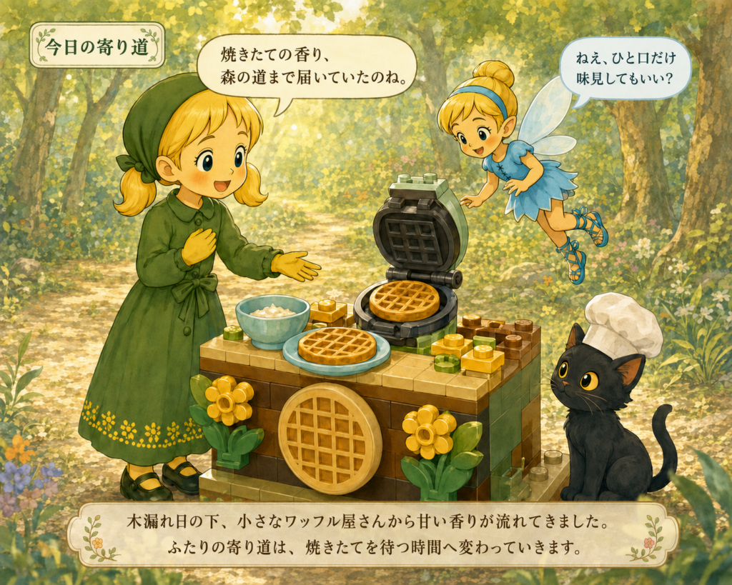 レゴ 30696 オータムのワッフル屋さん 今日の寄り道 女の子と妖精が焼きたてのワッフルを見つめる場面