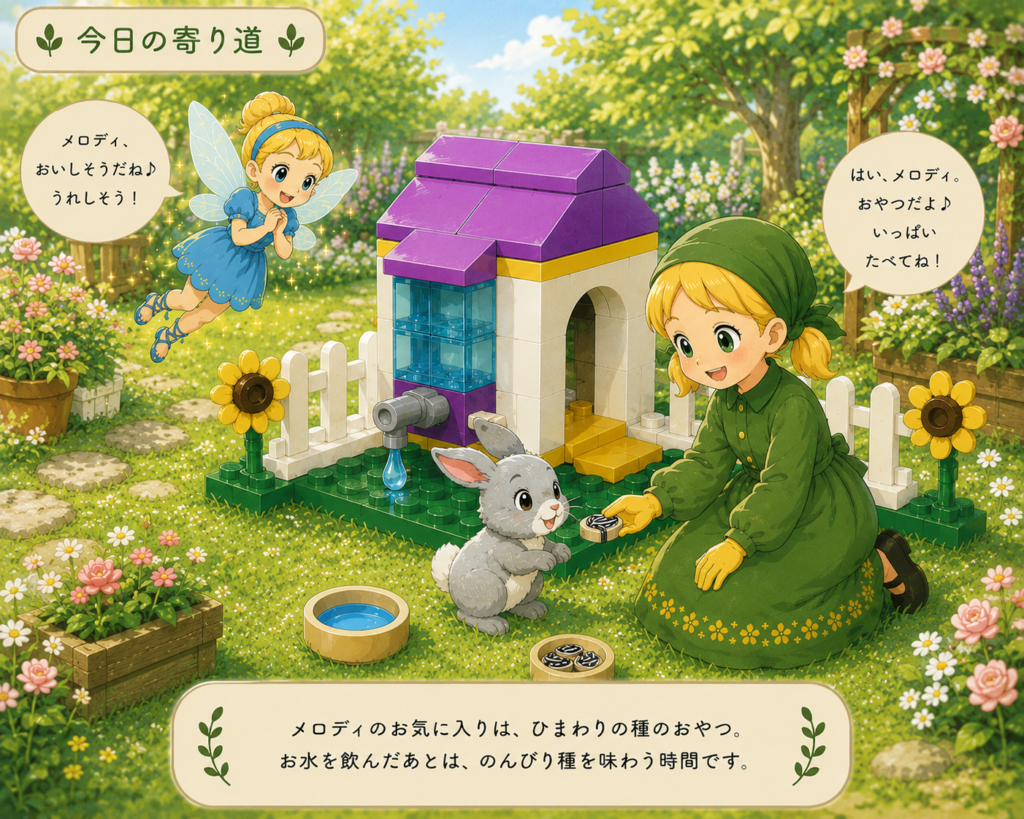 レゴ 30722 庭のウサギ小屋 ペイズリーがメロディにひまわりの種のおやつをあげる物語イメージ