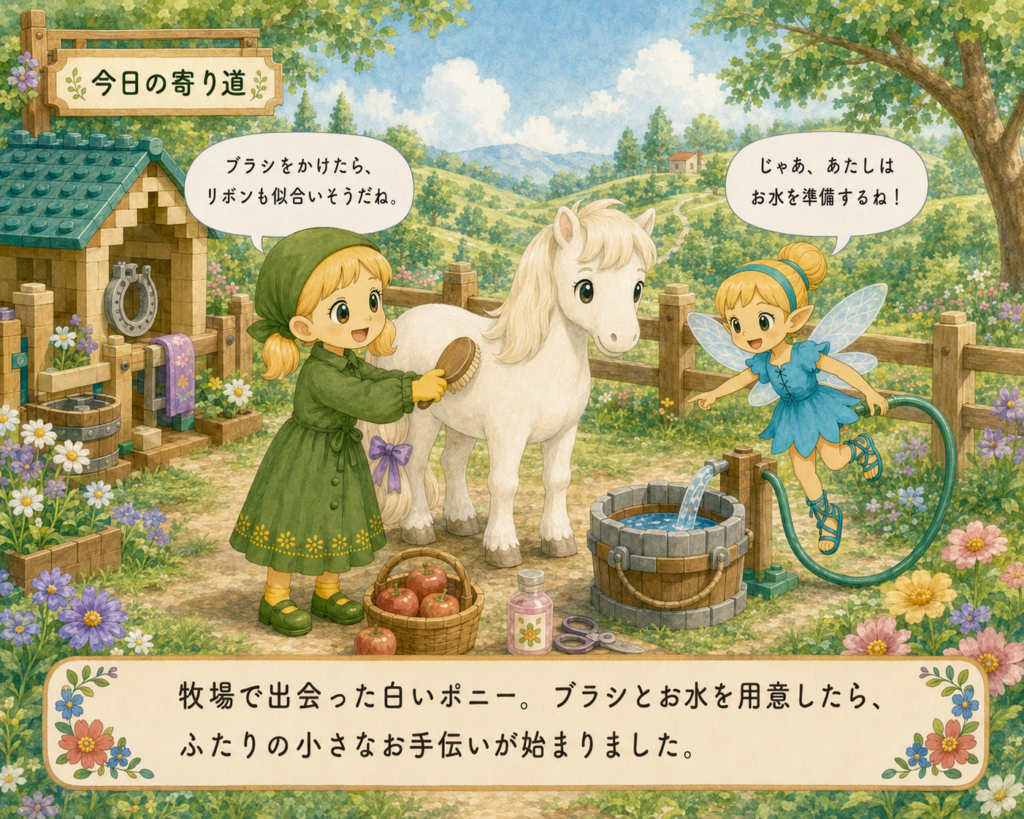 レゴ 41696 ポニーのお世話 今日の寄り道｜牧場で白いポニーをブラッシングする女の子と水を準備する妖精