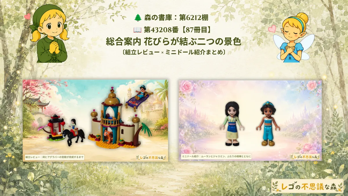 レゴ 43208 ジャスミンとムーランの冒険の祠とアグラバーの宮殿を描いた総合案内アイキャッチ