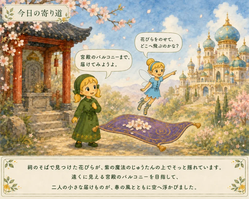 レゴ 43208 ジャスミンとムーランの冒険の祠と宮殿の間で花びらを運ぶ魔法のじゅうたんを見つける女の子と妖精の今日の寄り道